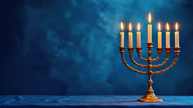 Golden menorah with five lit candles