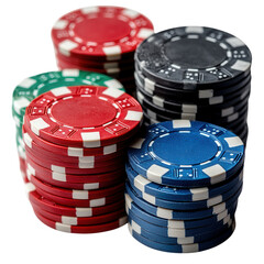 Tall stacks of poker chips in yellow, blue, and purple on transparent background  