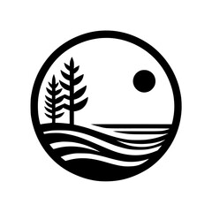 Minimalist Landscape Logo: Trees, Sun, Water, Black & White.