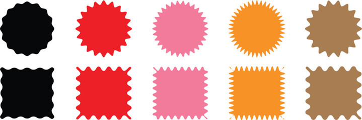 Geometric shapes with scallop and zigzag edges set. Zig zag edge circle, square shape collection.. Oval, Circle Stickers Set. Abstract Elements for Frame, Stamp, Template, Promo Design,