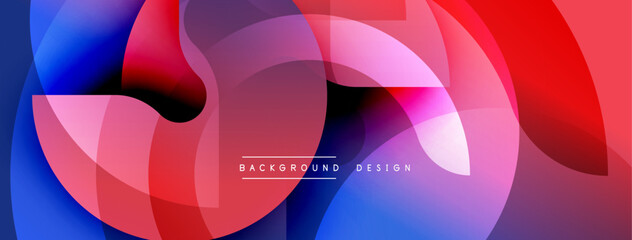 Abstract fluid shapes overlap, creating vibrant color gradients. Modern design features dynamic curves, pinks, blues, reds.