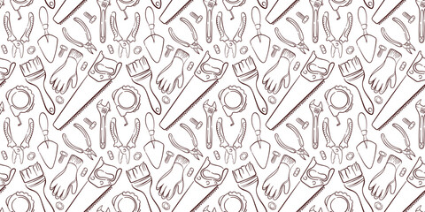 Seamless pattern of line art style construction and repair tools including pliers, wrenches, gloves, saws. Ideal for background, packaging and DIY themed design.