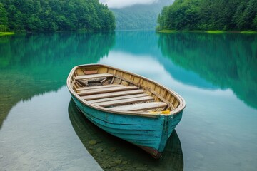 Tranquil lake, wooden boat