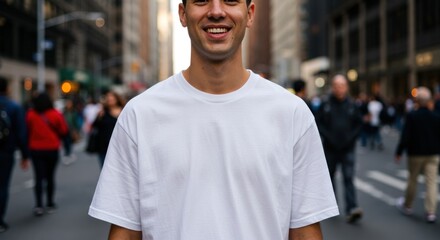 Man in white shirt smiles in city street with blurred people background.