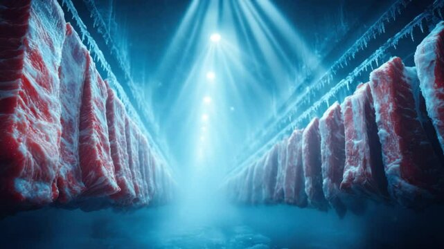 Frozen meat cuts hang in a cold storage warehouse.  Rows of chilled red meat are suspended, illuminated by spotlights.  Icy fog fills the space