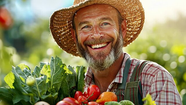 Smiling farmer holding basket of fresh vegetables in sunlit garden.