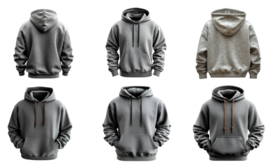  Collection set of Gray hoodie front and back view isolated on transparent white background, clipping path ,png