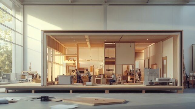 Modern workshop interior, bright and airy, showcasing collaborative work environment