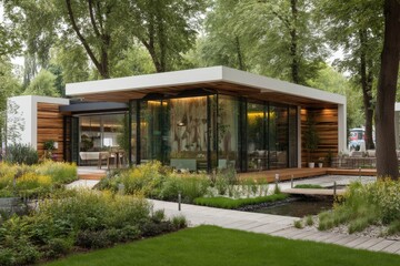 Modern, light-filled pavilion with a wooden exterior, nestled in a landscaped garden