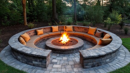 Elegant firepit surrounded by comfortable seating..