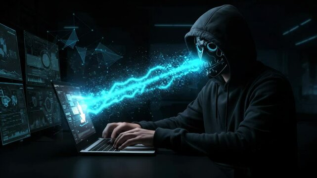Anonymous Hacker Working on Laptop with Data Flow - A hooded figure wearing a mask is shown working on a laptop in a dark room