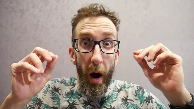 A man is surprised by the bright and sharp world around him putting on glasses