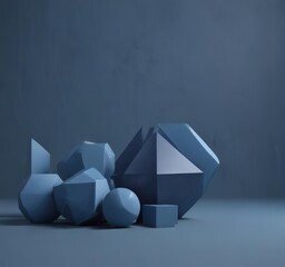Deep blue geometric shapes on muted blue backdrop, rich, muted