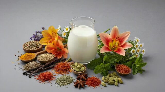 Milk, Spices, and Flowers - A glass pitcher of milk sits amidst an assortment of various spices and vibrant flowers