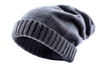 Knitted gray beanie hat with a slouchy fit and ribbed texture. Png, Isolated on background.