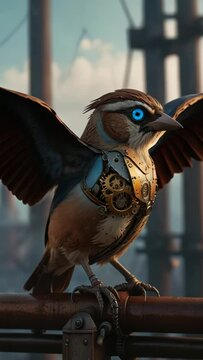 Steampunk Bird: Mechanical Avian on Rusty Railing, Futuristic Fantasy Creature