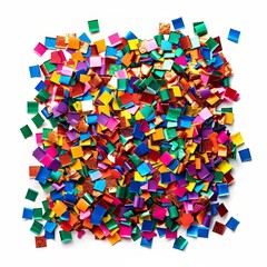 Colorful Metallic Square Confetti Pile on White Background