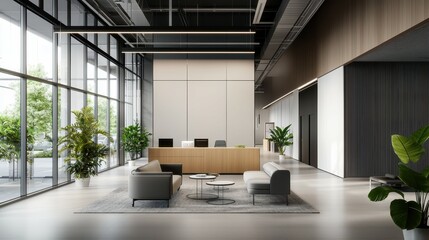 Fototapeta premium Modern office lobby with sleek furniture and lush greenery.