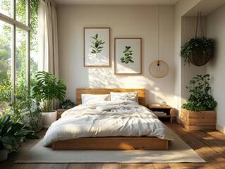 Bright and inviting bedroom with natural elements and warm light