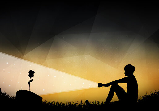 Young boy with a torch taking care of a flower. Silhouette art