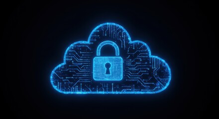 Blue cloud with padlock representing data security on a dark background.