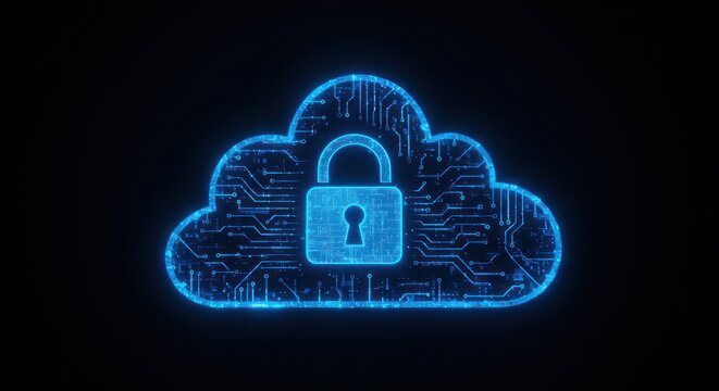 Blue cloud with padlock representing data security on a dark background.