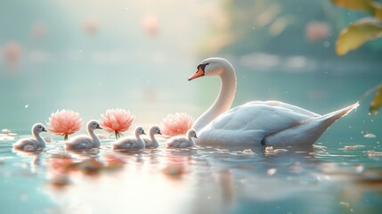 Elegant swan family on water with soft pink flowers