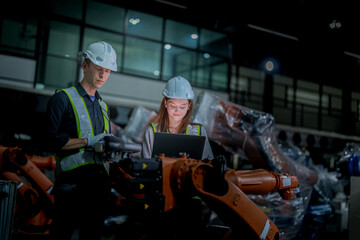 team engineers inspecting on machine with smart tablet. Worker works at heavy machine robot arm. The welding machine with a remote system in an industrial factory. Artificial intelligence concept.