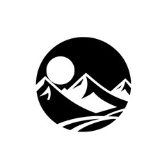 Minimalist Mountain Logo: Circle, Black & White Silhouette