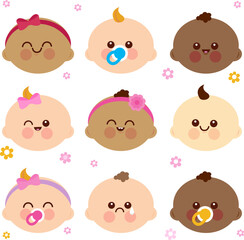 Diverse group of newborn babies. Cute characters, happy newborn baby infants, boys and girls. Vector Illustration collection