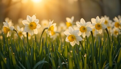 White and Yellow Daffodils in Dewy Grass at Sunrise