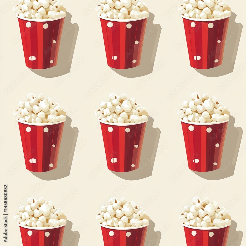 Poster rows of festive red and white dotted popcorn buckets create a nostalgic, fun pattern, perfect for mo