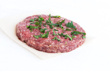 .Raw fresh marbled beef patties for American sandwich, barbecue, grill on isolated on white background