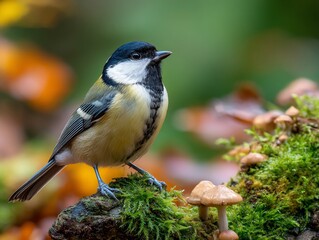 Obraz premium Cute bird on mossy log