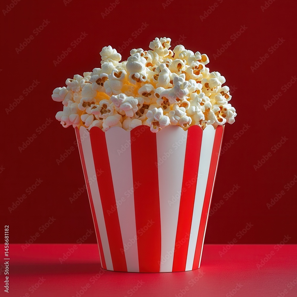 Poster A container overflowing with freshly popped popcorn. The white and red striped bucket sits against a matching red backdrop.