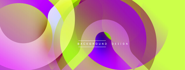 Abstract fluid shapes overlap, creating vibrant color gradients. Yellow, purple, pink hues dominate composition. Modern design element.