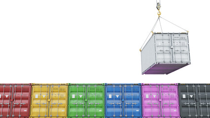 White shipping container in motion along a colorful array of cargo containers. Isolated on a transparent background. 3D illustration.