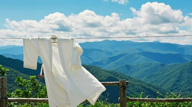 White Kimono Drying on Clothesline with Mountain View - A pristine white kimono hangs on a clothesline