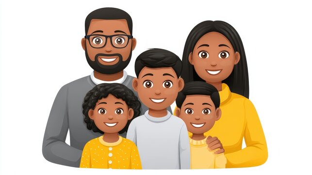 Cheerful family portrait featuring a smiling father mother and three children in colorful outfits expressing love joy and unity in their strong familial bond captured with clarity