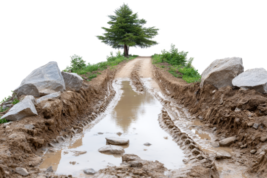 A muddy path leads to a solitary tree, surrounded by rocks and greenery. Png, Isolated on background.