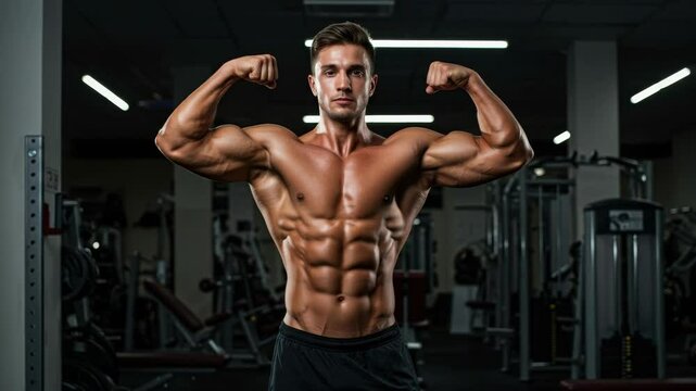 Muscular Man Flexing Biceps in Gym - A very muscular man with a defined six-pack stands in a gym, flexing his biceps. The background is blurred, showing various gym equipment.