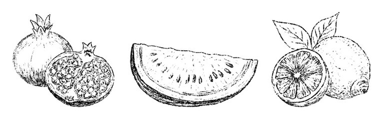 Sketch crayon summer fruit set. Hand drawn scribble doodle dessert tropical fruits watermelon, lemon, lime, pomegranate. Pencil texture vector illustration.