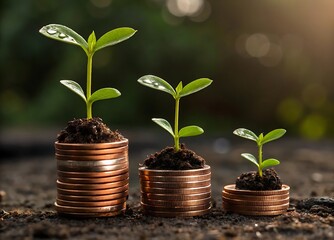 Roots of Growth: New shoots emerge from soil in copper coin stacks, symbolizing financial prosperity,investment, and growth with a natural, soft, and aesthetically pleasing visual representation.