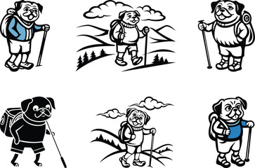 Vintage quality Hiking Dog silhouette vector art, Cute Hiking Dog isolated line art vector illustration set, Hiking Dog vector graphics resource design