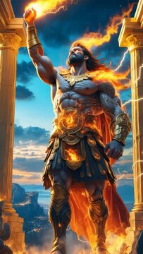 Powerful God of Fire and Lightning, Dramatic Pose, Greek Mythology, Epic Fantasy, Digital Art