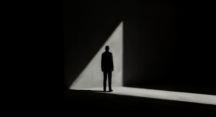 Silhouetted Figure Standing in Dramatic Spotlight Deep Shadows Monochrome Art