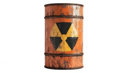 Rusty barrel with radioactive symbol in an industrial setting