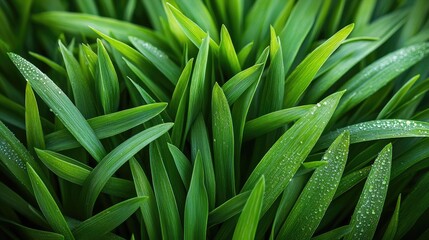 Lush green grass blades with morning dew drops.
