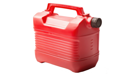 Bright red plastic fuel container used for storing gasoline or other liquids