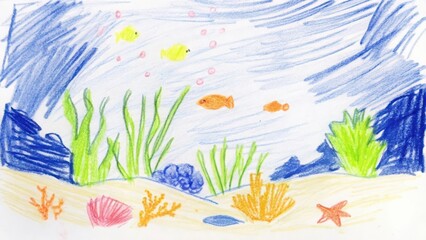 Childs drawing of an aquarium with fish, seaweed, coral, and other sea creatures
